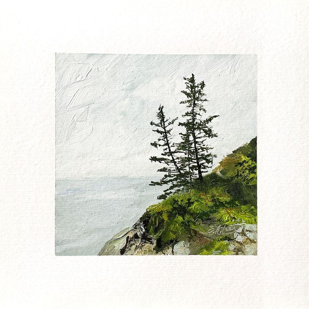 8x8 Maine Original Oil Painting Acadia Pinetrees Bass Harbor Seascape Art Signed